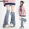 Reddachic Acubi Moda Y2K Aquecedores de pernas femininas Bandagem de streetwear Botas de jeans cobrem meias longas até o joelho