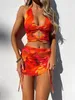 hirgin Beach Vacation Cute Outfits for Women 2 Piece Sets Red Print Deep V Twist Halter Top Drawstring Mini Skirt Matching Set 240418