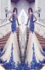 2021 Nieuwe Dubai Mermaid Prom Dresses Royal Blue Lace Appliques Slear SEXY Zie door Back Long Sheeves Vestios de Fista Avond G6169416
