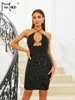 Casual Dresses Missord Elegant Blue Sequin Short Dress Women Cross Halter Cutout Open Back Bodycon Mini Party Prom