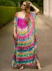 2024 Boho Printed Bikini Coinps Sexy Batwing Rleeve Maxi Dres Marokan Kaftans Robe Beachwear Cover Up Q1450 240417