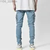 Kvinnors jeans män jeans byxor solida färg flera fickor denim mid höjning last jeans plus storlek casual mens kläder yq240423