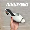 Slippers 2024 QIHUIYING Handmade Real Leather Woman Peep-Toe High Heels Slides Female Banquet FlipFlops Large Size Mules Shoes