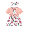 Mädchenkleider Baby Valentinstag Kleid Set Kurzarm Crew Crew Hals Buchstaben Druck Patchwork A-Linie mit Stirnband Sommer-Outfit