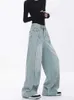 Women's Jeans Womens summer new blue vintage detergent jeans Strt style pockets high waisted bottom young girl casual Trousers womens wide leg pants Y240422