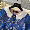Parti Elbiseleri Lüks Su Çözünür Dantel Mavi Yaz Elbisesi Pist Yüksek Kaliteli Kadınlar Çiçek İçi Çıkış Nakış Altın Düğme Midi Vestidos