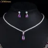 Uppsättningar Cwwzircons Top Red Purple Cubic Zirconia Water Drop Fashion Women Engagement Party Jewelry Set for Wedding Bridesmaid Gift T525