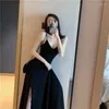 Casual Dresses Korea chic sommar sexig ärmlös klänning strandstil spaghetti rem v-hals camisole lös lång boho vestidos