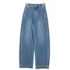 denim blue cotton four sided elastic high waisted loose wide leg jeans