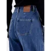 denim blue cotton four sided elastic high waisted loose wide leg jeans