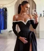 Elegant Black Evening Formal Dress 2024 Satin Off The Shoulder Pearls Long Sleeves Floor Length Prom Party Dresses Celebrity Wear Robe De Soiree