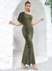 Casual Dresses Sexy Diagonal Neck Ruffled Design Long Dress Women Green One Shoulder Mesh Lotus Leaf Edge Bodycon Maxi Evening Party Dres