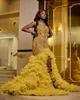 2024 Gold Rhinestones Prom African Slay Queen Dress for Blackgirl High Slit Crystal Ruffles Party Gala Gown 0431