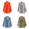 Femmes Traf Chic Office Lady Double Breasted Blazer Vintage Coat Fashion Notched Collar Long Mandes Lédies Extérieur Élégants Tops 220402