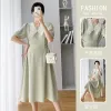 Klänningar 737# 2022 Summer Korean Fashion Maternity Long Dress Elegant Chic Ins a Line Slim Ties Cloth Formal Work Graviditetskläder