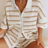 Suits de survêtement pour femmes Fashion Femmes Pyjamas décontractés en tricot en deux pièces Loungewear à manches courtes Crochet à rayures Crochets Short