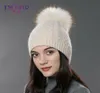 Njut av vinter päls pompom hatt för kvinnor kashmir ull bomullshatt stor riktig tvättbjörn päls pompom beanies cap bobble6775736