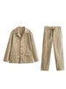 Calças de duas peças femininas Zadata Casual Retro moda versátil Botão de lapela cáqui, adequado para jaquetas de deslocamento