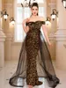 Casual Dresses Sequined Evening Ball Gown Mesh Skirt Pink Black Gold Wedding Party Long Off Shoulder Prom