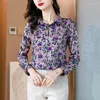 Kvinnors blusar Spring Vintage Turn-down Collar Long Sleeve Printed Blue Women Clothing All-Match Button Loose Shirts Ladies Chic