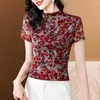 Dames T-shirts Half High Collar Summer Tops Korte mouwen Floral Gedrukt T-shirt Fashion Women Mesh Shirt