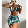 Neue Badeanzug Frauenblattdruck Bikini Hals Hanging Gaze Rock Badeanzug Strand dreiteils Set Bikini