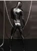 파우치 칼집 클럽 무대웨어 코스프레 Zentai 남자 점프 슈트를 가진 남자를위한 섹시한 눈부신 검은 암모니아 라텍스 전신 바디 수트