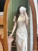 Casual jurken 2024 Summer Puff Frans ontwerpfeest trouwjurk retro vintage qipao stand split slanke fit heup lang borduurwerk