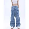 Multipocket Blue Wäsche Jeans Cargo Hosen Y2K Retro Streetwear Fashion High Taille Jeans Ehepaar Harajuku Casual Wide Lein Hosen 240409