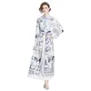 Cold Collier Femmes Fashion Impression maxi Robe Bouton de la robe longue manche de manches longues Elegant Ladies Casual Office Party Party Robes de piste européenne Vêtements Femelle Feme