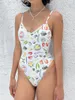 Women's Swimwear Women Monokini Swimsuit Food Print Deep V-Neck Bathing Suit Slim Fit Sling Bodysuit Beachwear