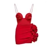Swimwear para mujeres Flor 3D Retro Bustier One Piece Tuit en rojo con falda Beachwear Piernas de alto corte de lujo Traje de baño de diseño de diseño Pareo
