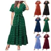 Casual Dresses Summer Bohemian Dot Maxi V Neck Short Sleeve Solid Tie Belt En linjeklänning Tiered Flowy Long For Women Elegant