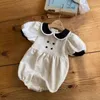 Rompers 2024 Summer New Baby Girl Short Sleeve Bodysuit Infant Solid Casual Doll Collar Jumpsuit Newborn Toddler Versatile Clothes 0-24M H240423
