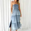 Casual Dresses Holiday Strapless Long Dress for Summer Vestidos 2024 Fashion Women Elegant Hem Stitching Side Split denim