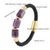 Strands 2021 New Cylindrical Natural Amethyst Energy Bracelet 316 Stainless Steel Single Lady Layer Leather Cord Bracelet Jewely