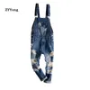 Blue Hole overalls mannen denim jumpsuit gescheurd gescheurde jeans slabbetje enkel lengte hiphop grote zak Koreaanse vrachtbroeken broek 240409