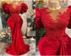 2022 Plus Size Arabic Aso Ebi Red Mermaid Lace Prom Dresses Beaded Sheer Neck Velvet Evening Formal Party Second Reception Gowns D7789483