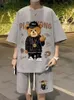 Summer Man Tracksuit Cartoon Streetwear Hip Hop Rock Casual Short Suit Cool Bear Printed Waffle T Shirts Krótki 2 -częściowy zestaw 240411