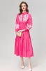 Women's Runway Dresses Turn Down Collar Long Sleeves Embroidery Elastic Waist Ruffles Fashion Mid Vestidos