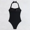 Kvinnors badkläder 2024 Halter Swimsuit Kvinnor En bit solid sexiga svarta kvinnliga badare badar badaddräkt strandkläder