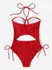 Swimwear Women 2024 DrawString One Piece Swimsuit Red Cut Out Halter Femme Boue-mail rembourré