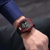 Montres Automatic Watch for Men Skeleton Mechanical Red Black Rubber Strap Richard Fashion Tonneau Reloj Hombre