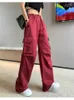 Women's Jeans Womens Drawstring Design Large Pocket Casual Pants Fashion Girl Wide Legs Bottoms Female High Waisted Straight Thin Trousers Y240422