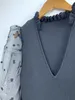 Novo decote em V Sandro Caist Chanched com mangas bolhas para um vestido de emagrecimento e fato esbelto transparente