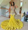 Yellow Sparkly Mermaid Prom Reception Party Dresses for Black Girl Luxury Crystal Gillter Long Evening Birthday Gala Gown Sheer