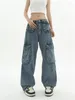 Kvinnors jeans Deeptown Vintage Baggy Women Korean Fashion Denim Loose Wide Lar Cargo Pants High Maist Boyfriend For Unisex