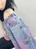 Women's Jeans Womens painted purple design hole denim thin jeans Strt style American casual mens long pants Womens high waisted straight loose pants Y240422