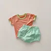 Clothing Sets 2024 Summer New Baby Short Sleeve Clothes Set Cute Infant Candy Color Cotton T Shirts + Plaid Shorts 2pcs Suit Boy Girl Outfits H240423