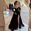 Elegant Black Evening Formal Dress 2024 Satin Off The Shoulder Pearls Long Sleeves Floor Length Prom Party Dresses Celebrity Wear Robe De Soiree